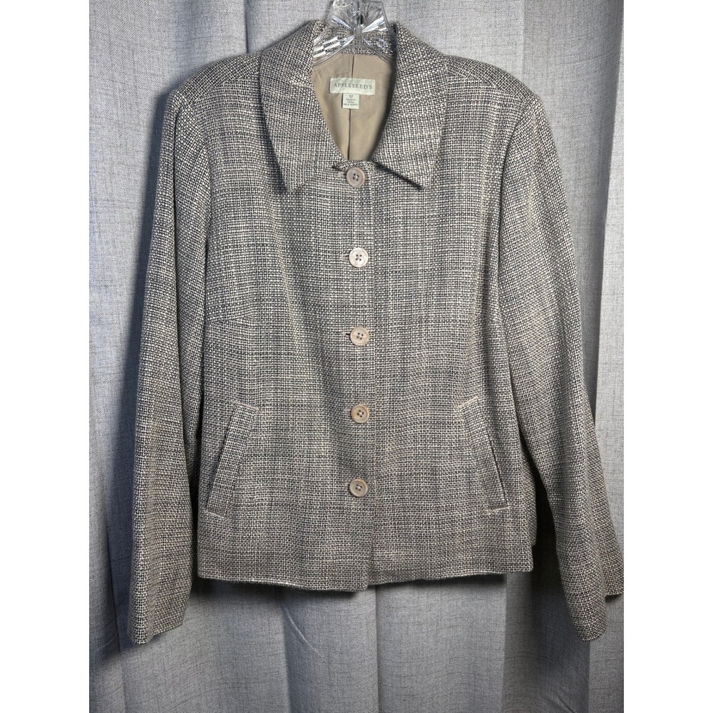 Appleseeds Womens 12 Tan Ivory Basketweave Button Front Jacket Blazer A21799
